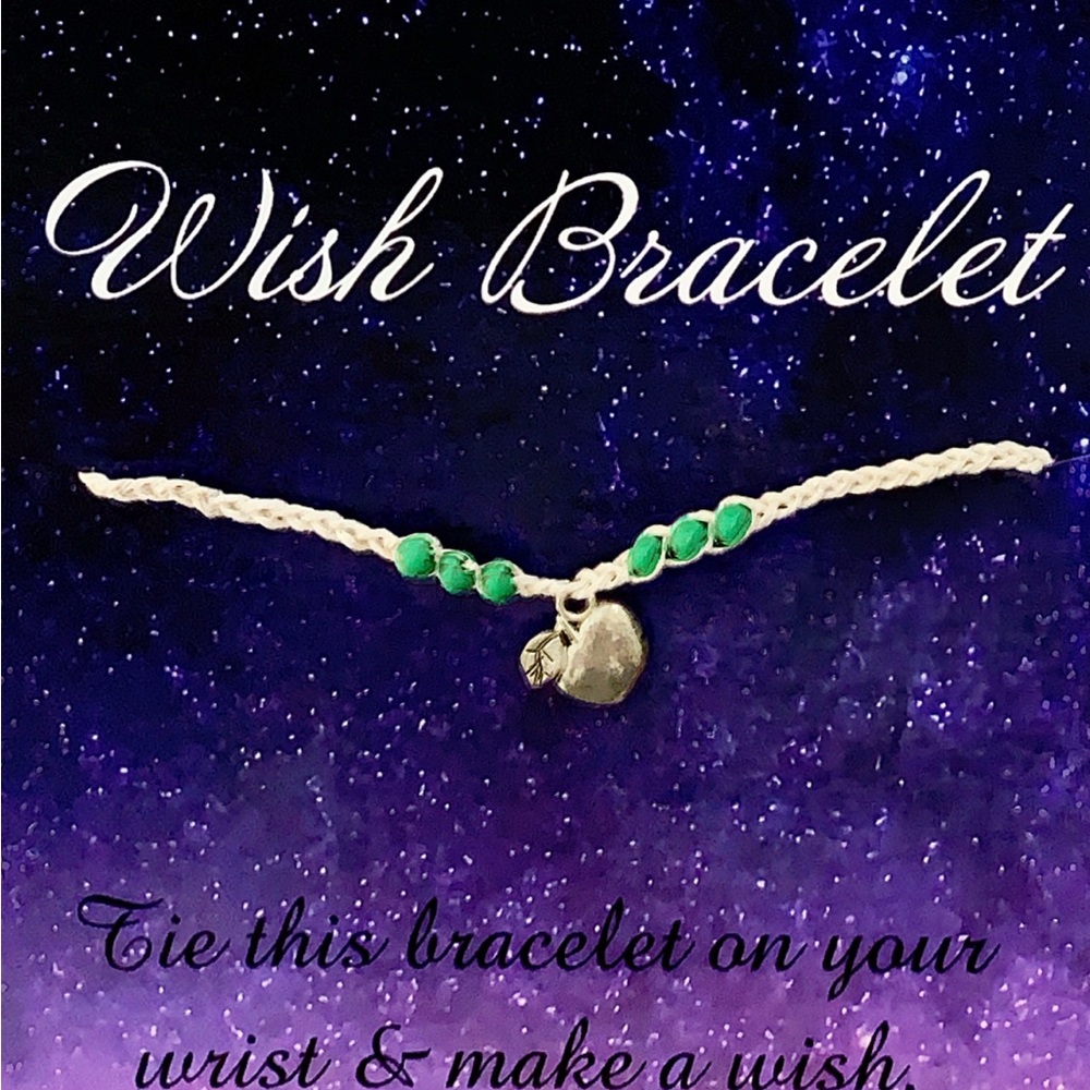 Wish Bracelet with Green Beads and Silver Apple Charm